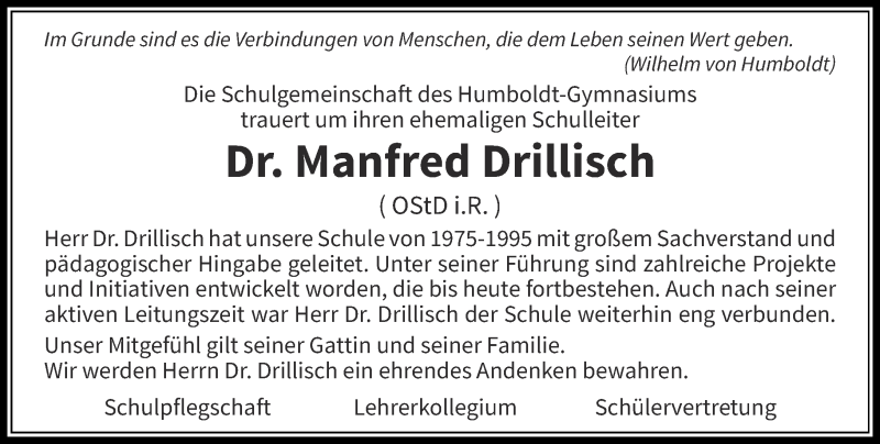  Traueranzeige für Manfred Drillisch vom 09.07.2016 aus Rheinische Post