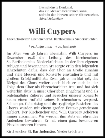 Traueranzeige von Willi Cuypers von Rheinische Post