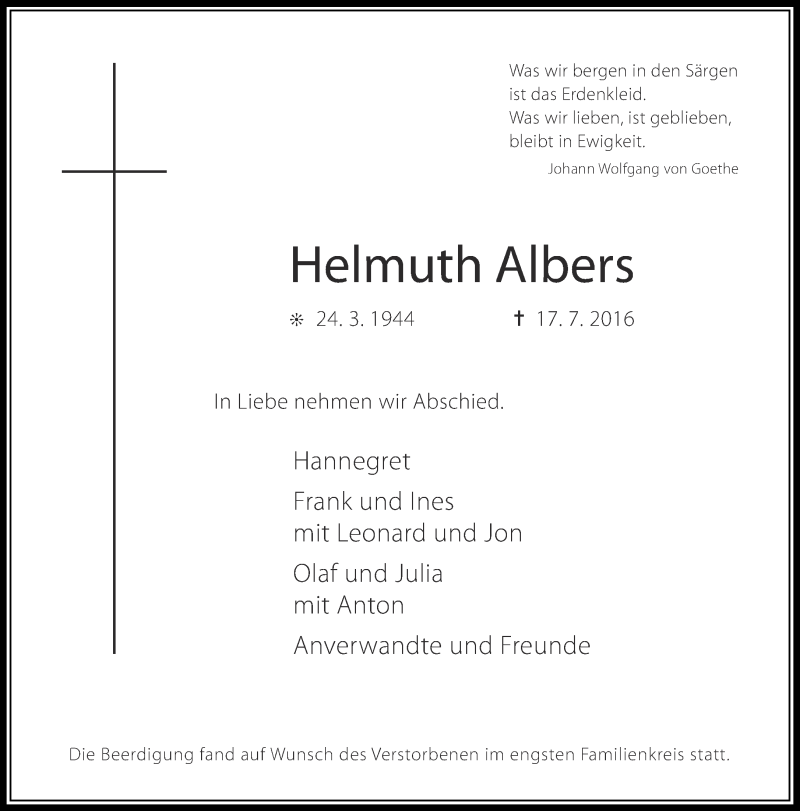  Traueranzeige für Helmuth Albers vom 27.07.2016 aus Rheinische Post