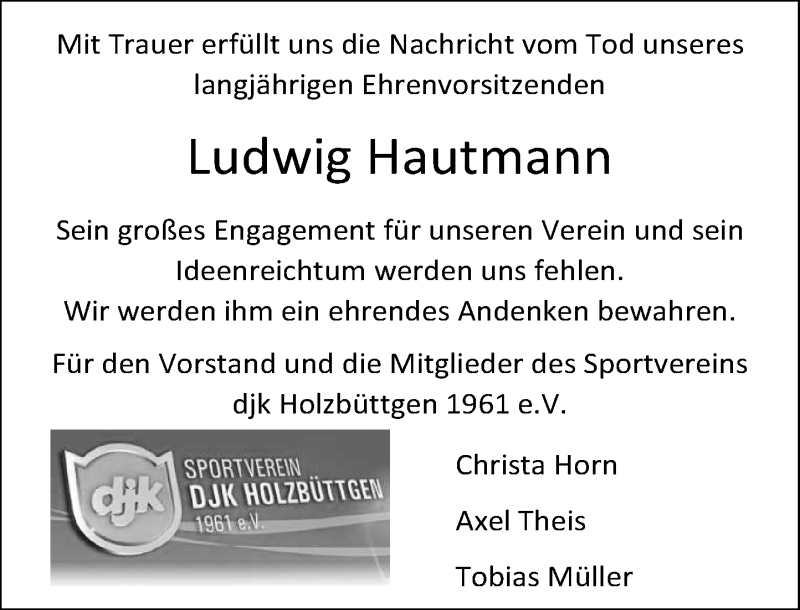  Traueranzeige für Ludwig Hautmann vom 23.07.2016 aus Rheinische Post