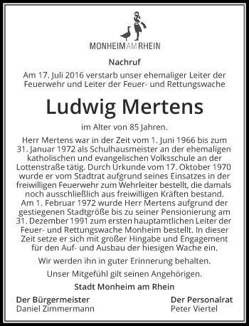 Traueranzeige von Ludwig Mertens von Rheinische Post