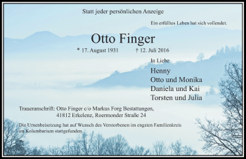 Traueranzeige von Otto Finger von Rheinische Post