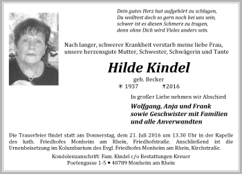 Traueranzeige von Hilde Kindel von Rheinische Post