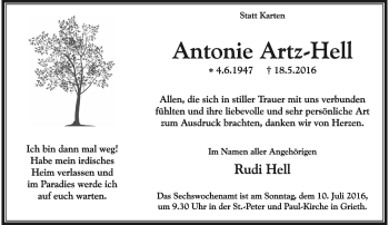 Traueranzeige von Antonie Artz-Hell von Rheinische Post