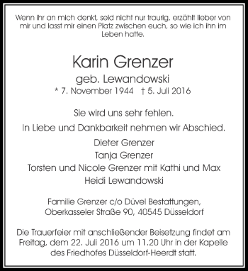 Traueranzeige von Karin Grenzer von Rheinische Post