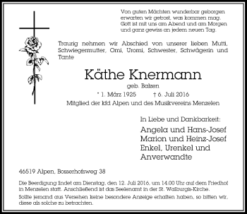 Traueranzeige von Käthe Knermann von Rheinische Post