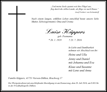 Traueranzeige von Luise Küppers von Rheinische Post
