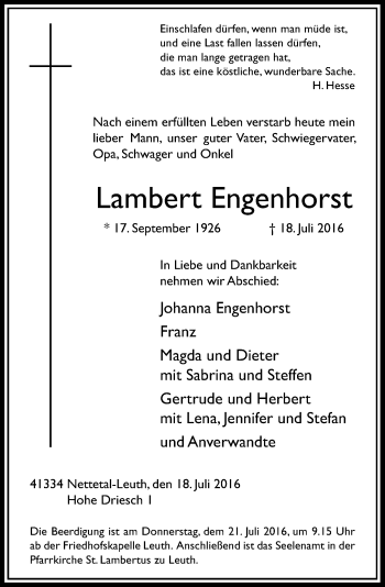 Traueranzeige von Lambert Engenhorst von Rheinische Post