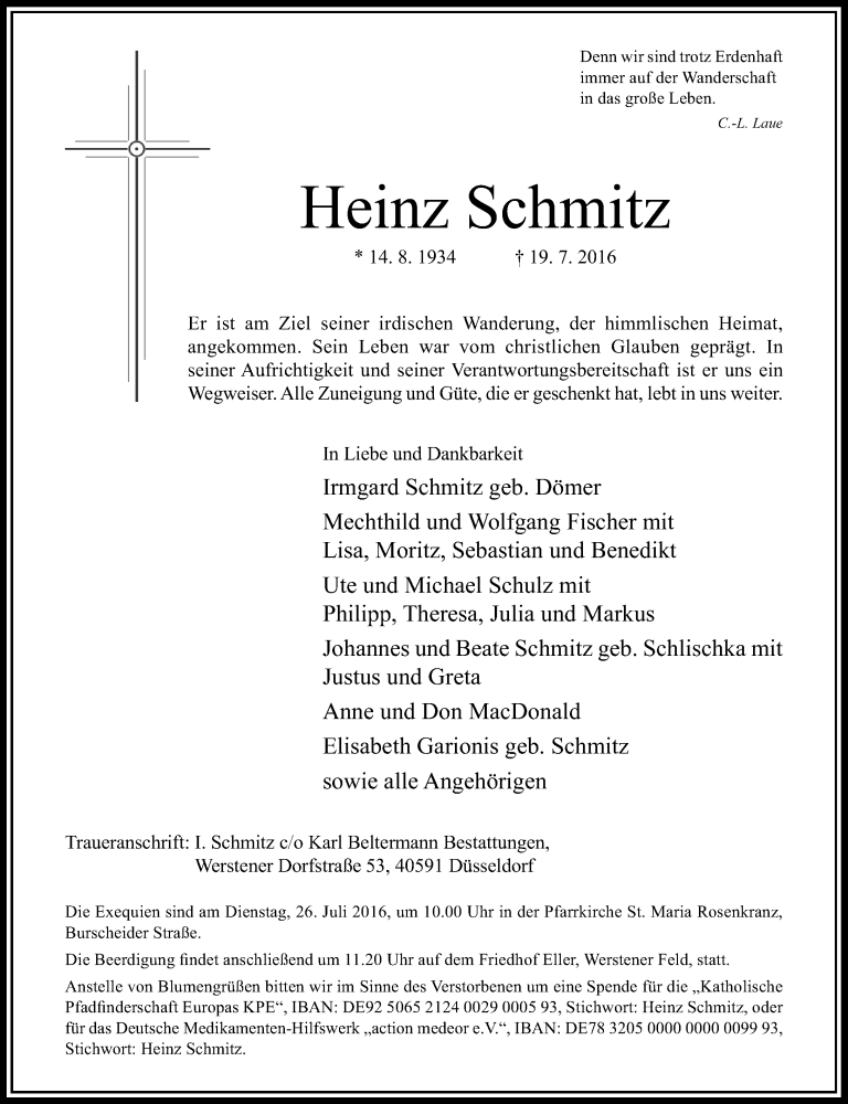  Traueranzeige für Heinz Schmitz vom 23.07.2016 aus Rheinische Post