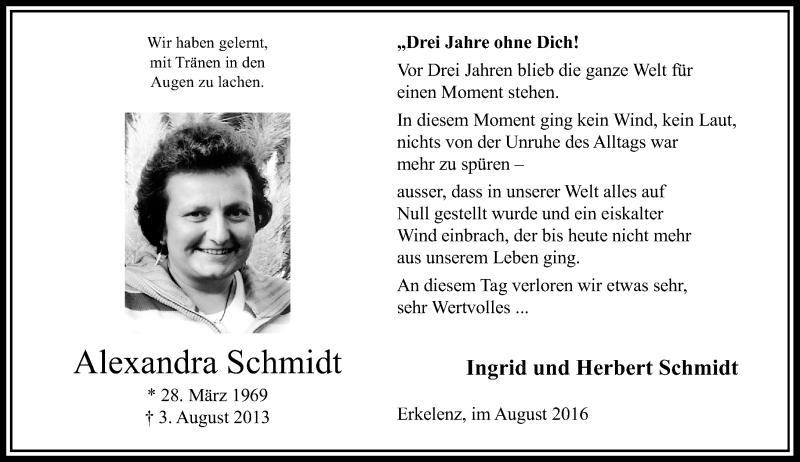  Traueranzeige für Alexandra Schmidt vom 03.08.2016 aus Rheinische Post