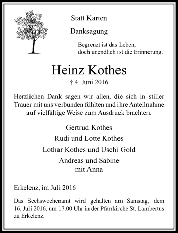 Traueranzeige von Heinz Kothes von Rheinische Post