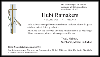 Traueranzeige von Hubi Ramakers von Rheinische Post