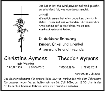 Traueranzeige von Christine und Theodor Aymans von Rheinische Post