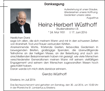 Traueranzeige von Heinz-Herbert Wüsthoff von Rheinische Post