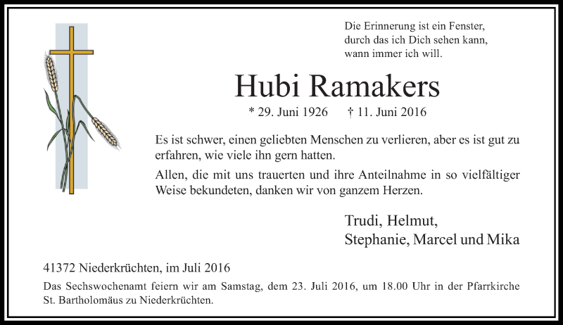  Traueranzeige für Hubi Ramakers vom 16.07.2016 aus Rheinische Post