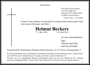 Traueranzeige von Helmut Beckers von Rheinische Post