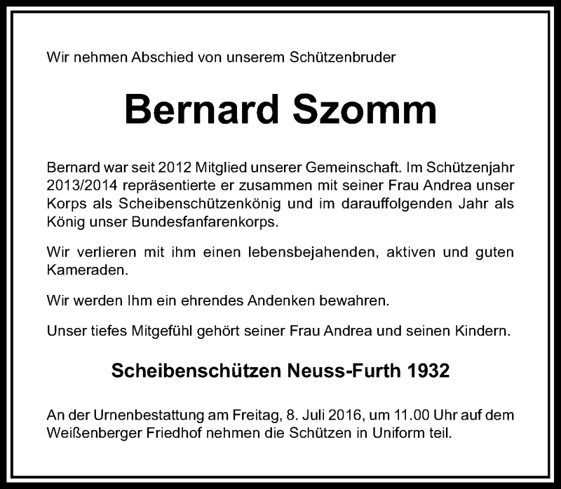  Traueranzeige für Bernard Szomm vom 02.07.2016 aus Rheinische Post