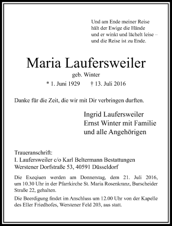 Traueranzeige von Maria Laufersweiler von Rheinische Post
