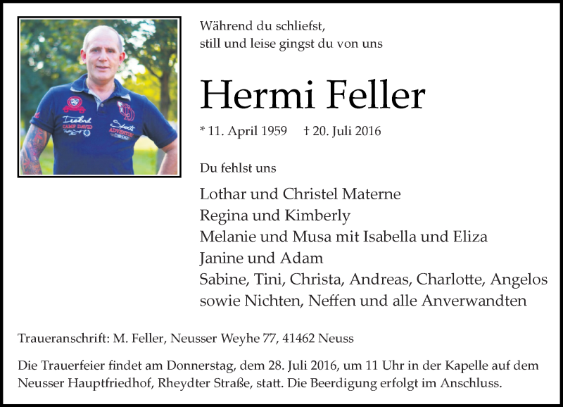  Traueranzeige für Hermi Feller vom 26.07.2016 aus Rheinische Post