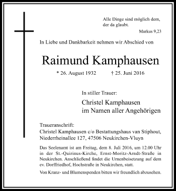 Traueranzeige von Raimund Kamphausen von Rheinische Post