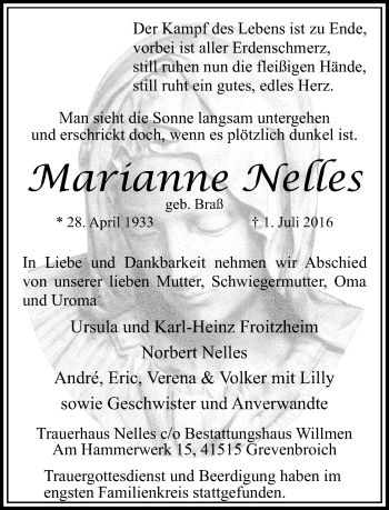 Traueranzeige von Marianne Nelles von Rheinische Post