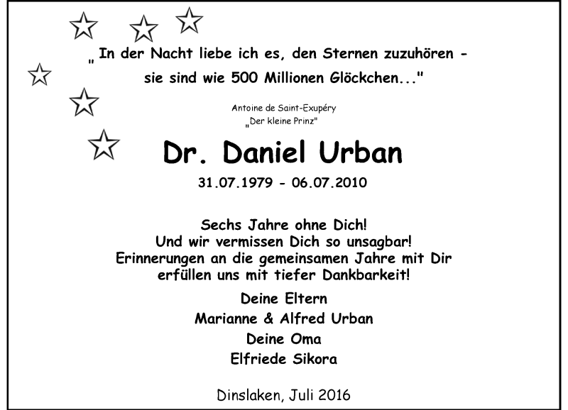  Traueranzeige für Daniel Urban vom 06.07.2016 aus Rheinische Post
