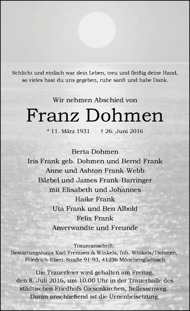  Traueranzeige für Franz Dohmen vom 02.07.2016 aus Rheinische Post