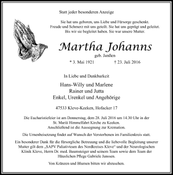 Traueranzeige von Martha Johanns von Rheinische Post