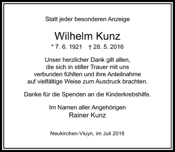 Traueranzeige von Wilhelm Kunz von Rheinische Post