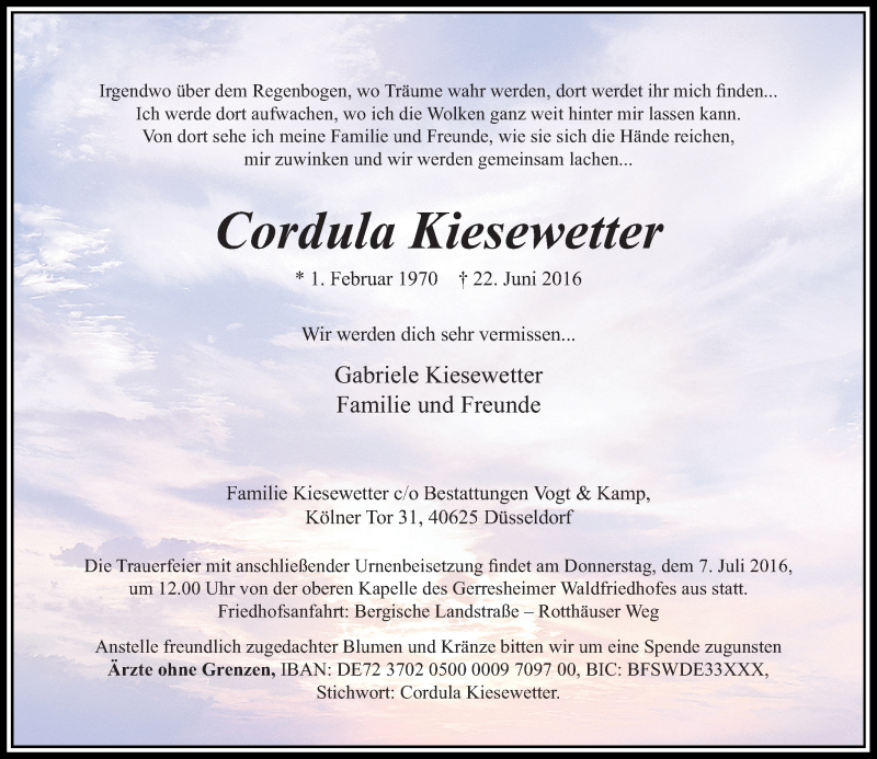  Traueranzeige für Cordula Kiesewetter vom 02.07.2016 aus Rheinische Post
