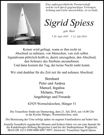 Traueranzeige von Sigrid Spiess von Rheinische Post