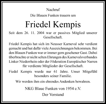 Traueranzeige von Friedel Kempis von Rheinische Post