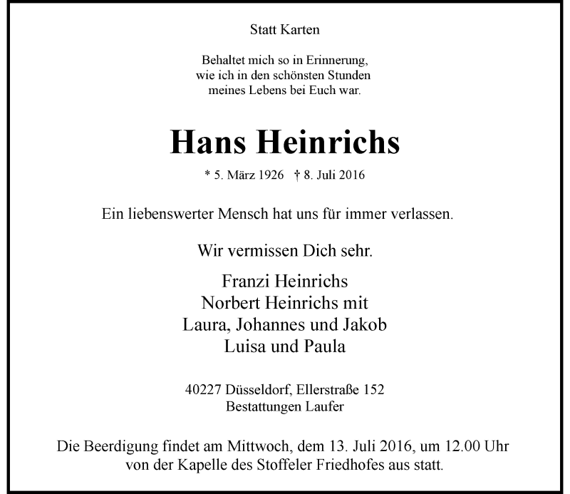  Traueranzeige für Hans Heinrichs vom 09.07.2016 aus Rheinische Post