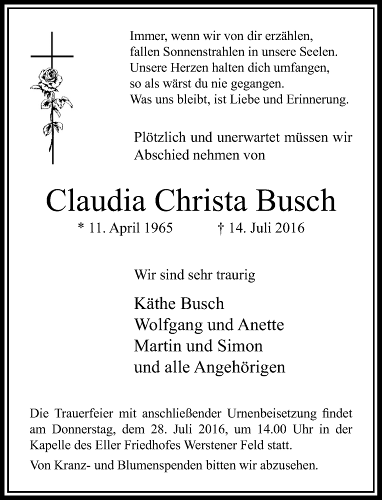  Traueranzeige für Claudia Christa Busch vom 23.07.2016 aus Rheinische Post
