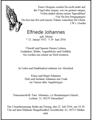 Traueranzeige von Elfriede Johannes von Rheinische Post