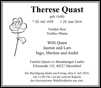 Traueranzeige von Therese Quast von Rheinische Post