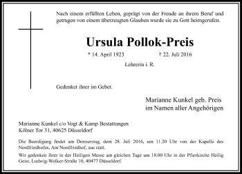 Traueranzeige von Ursula Pollok-Preis von Rheinische Post