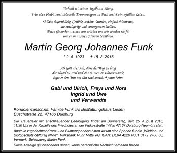 Traueranzeige von Martin Georg Johannes Funk von Rheinische Post