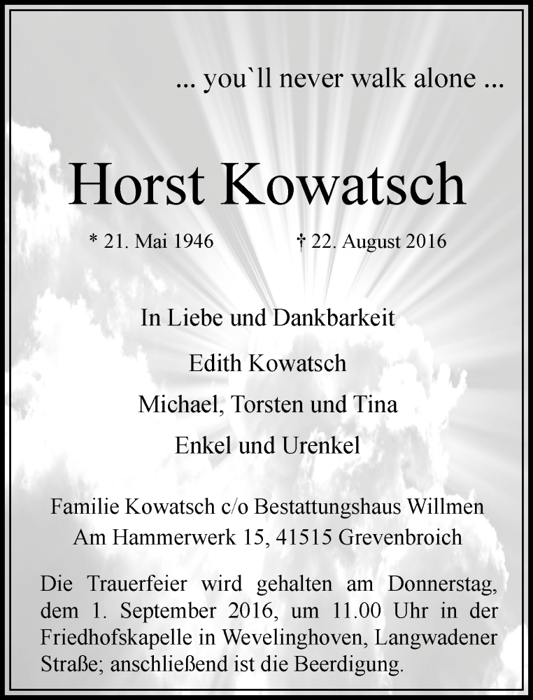 Traueranzeige für Horst Kowatsch vom 27.08.2016 aus Rheinische Post