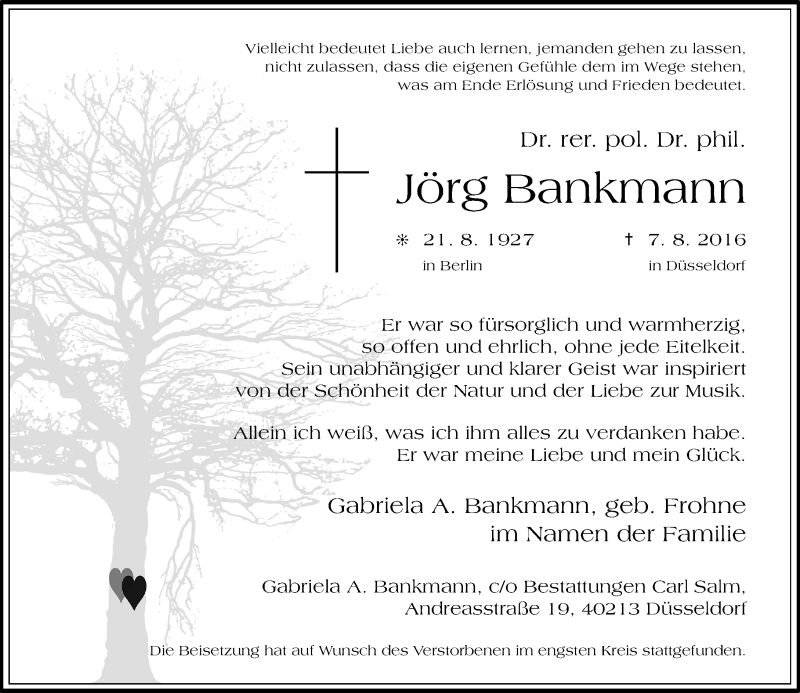  Traueranzeige für Jörg Bankmann vom 17.08.2016 aus Rheinische Post