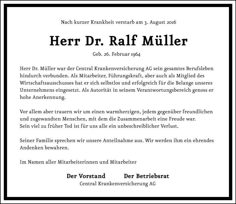  Traueranzeige für Ralf Müller vom 06.08.2016 aus Rheinische Post