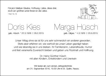 Traueranzeige von Doris Kies und Marga Hüsch  von Rheinische Post
