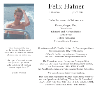Traueranzeige von Felix Hafner von Rheinische Post