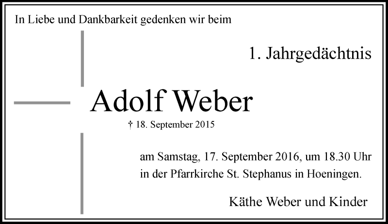  Traueranzeige für Adolf Weber vom 10.09.2016 aus Rheinische Post