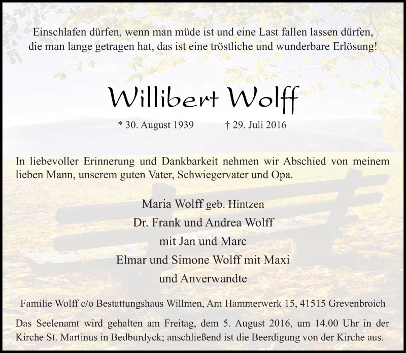  Traueranzeige für Willibert Wolff vom 03.08.2016 aus Rheinische Post