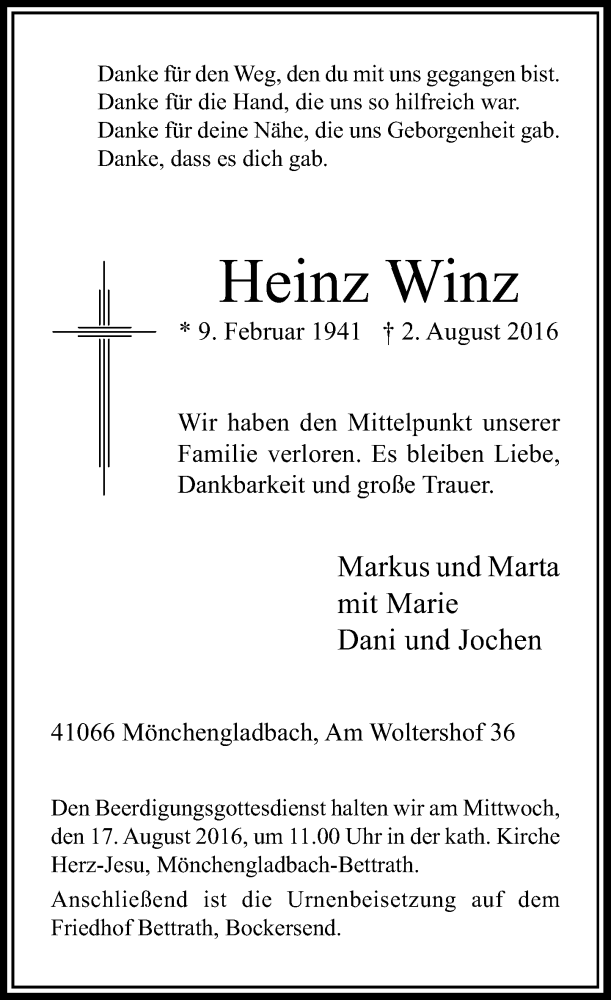  Traueranzeige für Heinz Winz vom 13.08.2016 aus Rheinische Post