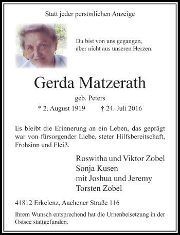 Traueranzeige von Gerda Matzerath von Rheinische Post