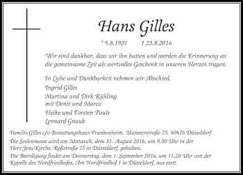 Traueranzeige von Hans Gilles von Rheinische Post