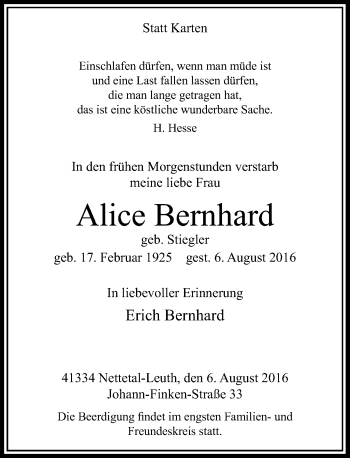 Traueranzeige von Alice Bernhard von Rheinische Post