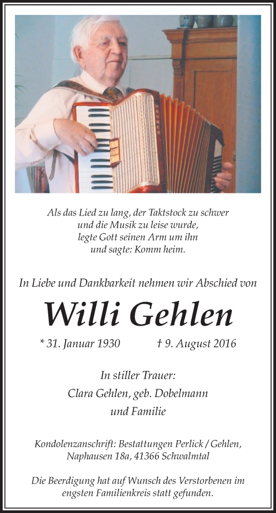  Traueranzeige für Willi Gehlen vom 13.08.2016 aus Rheinische Post